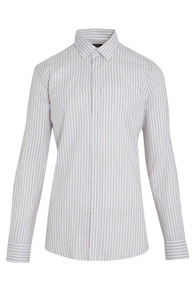 Gri Slim Fit Çizgili 100% Pamuk Uzun Kol Gömlek - 2