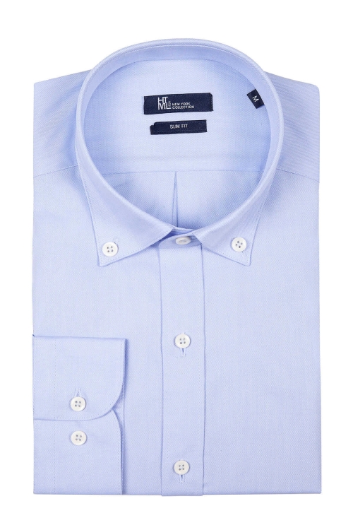 HTML - Mavi Slim Fit Düz 100% Pamuk Düğmeli Yaka Uzun Kollu Casual Oxford Gömlek