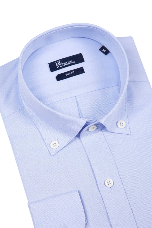 Mavi Slim Fit Düz 100% Pamuk Düğmeli Yaka Uzun Kollu Casual Oxford Gömlek - Thumbnail (1)