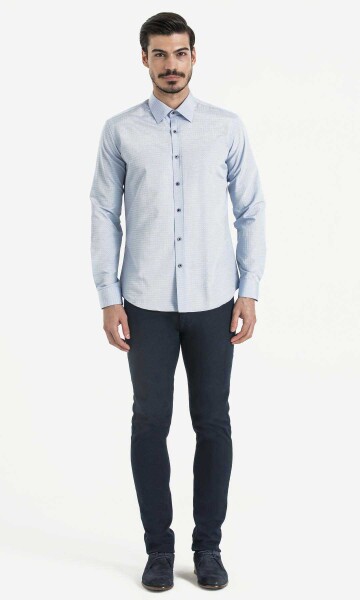 Desenli Slim Fit Mavi Gömlek - 2