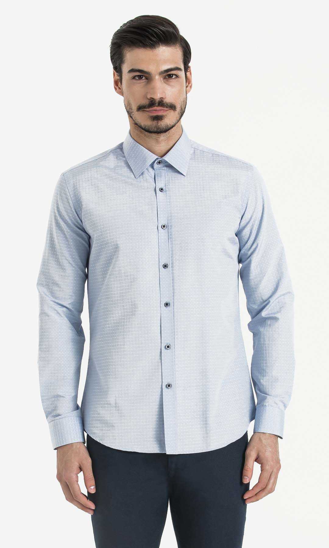 Desenli Slim Fit Mavi Gömlek - 1