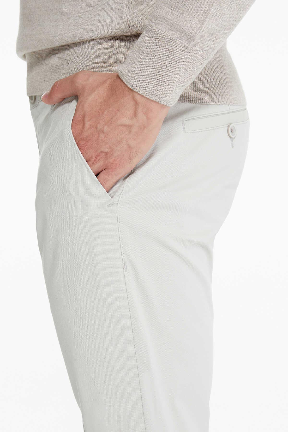 Gri Regular Fit Düz Pamuklu Yandan Cep Kanvas Pantolon - 3