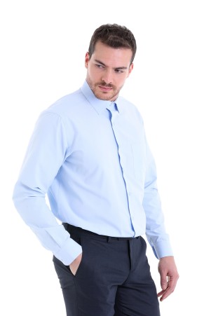 Mavi Comfort Fit Düz Pamuklu Slim Yaka Uzun Kollu Klasik Gömlek - Thumbnail
