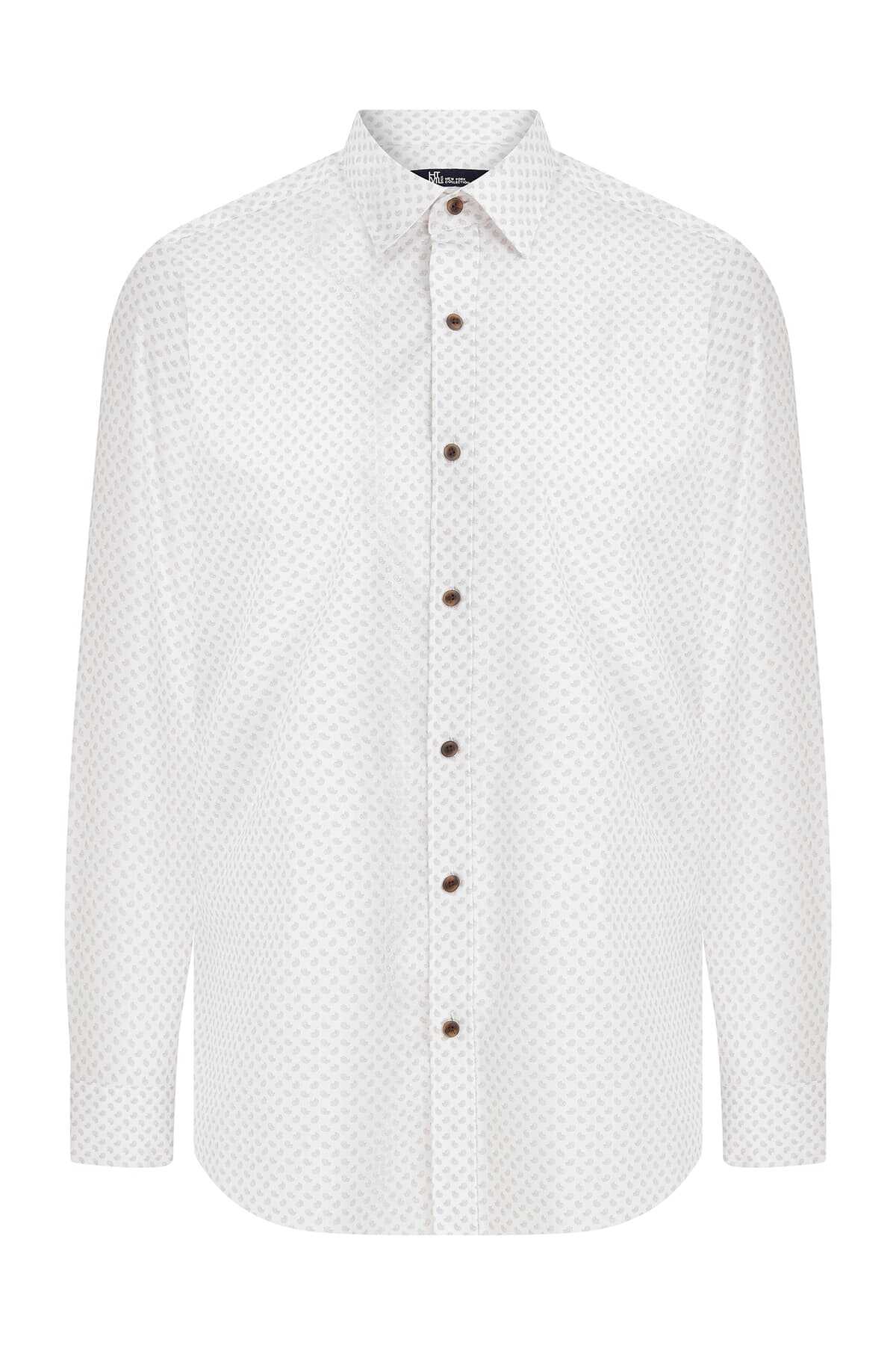 Kahverengi Slim Fit Baskılı 100% Pamuk Uzun Kol Spor Gömlek - 1