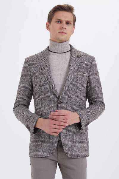 Kahverengi Kareli Slim Fit Ceket - Thumbnail