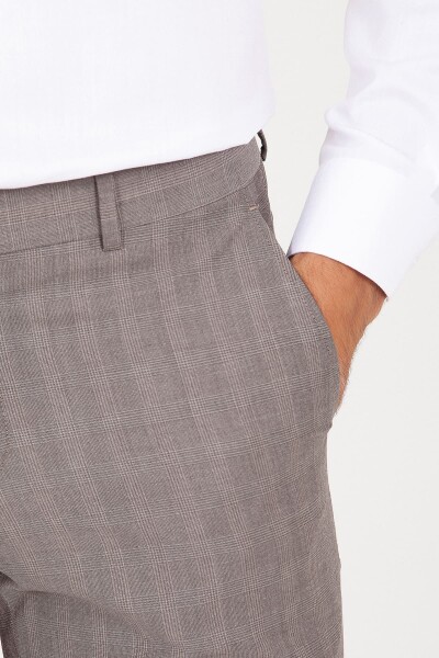 Kahverengi Slim Fit Kareli Kumaş Pantolon - Thumbnail