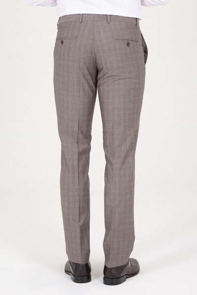 Kahverengi Slim Fit Kareli Kumaş Pantolon - Thumbnail