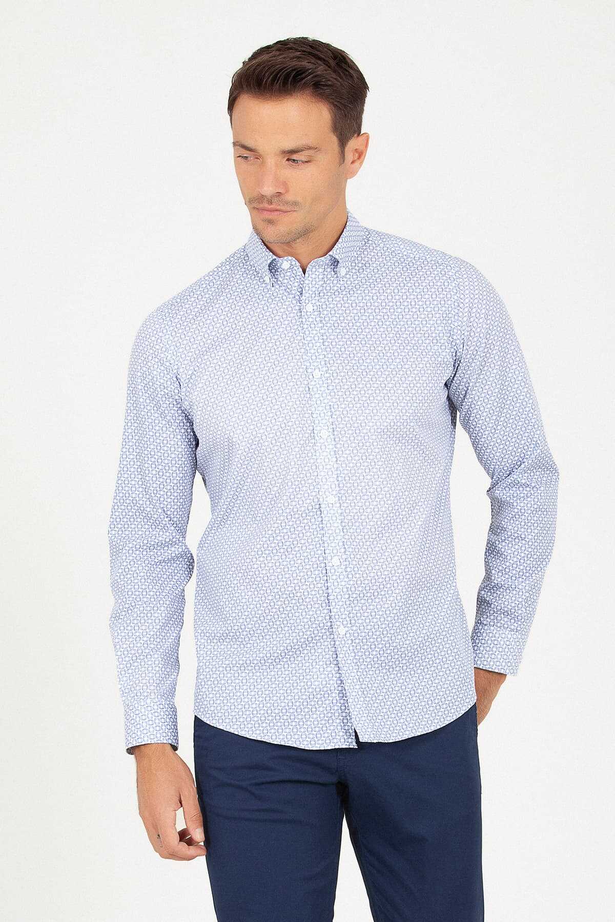 Lacivert Baskılı Slim Fit Gömlek - 1