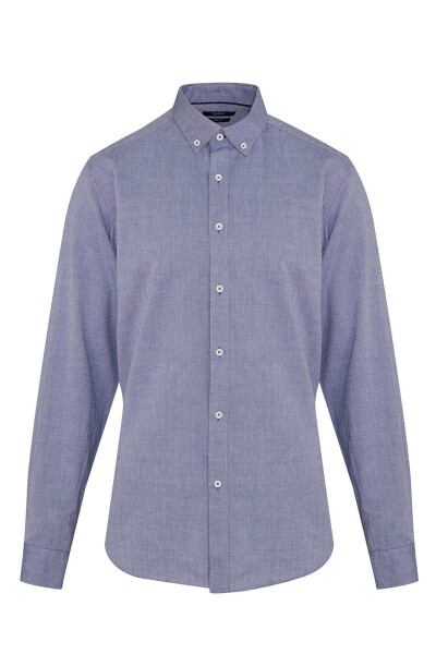 Lacivert Slim Fit 100% Pamuk Düğmeli Yaka Uzun Kollu Casual Gömlek 