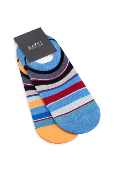 Lacivert - Turuncu 2'li Çizgili Babet Çorap 