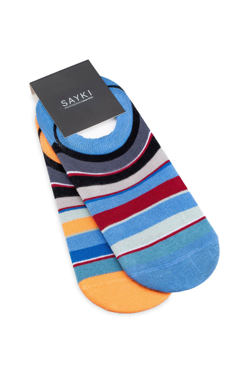 Lacivert - Turuncu 2'li Çizgili Babet Çorap - Saykı
