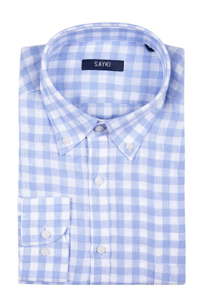 Açık Mavi Kareli Klasik Gömlek - 1