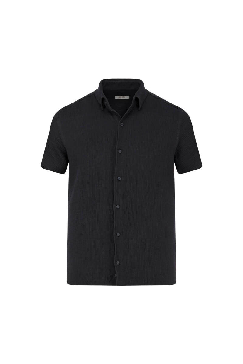 Antrasit Comfort Fit 100% Pamuk Gizli Düğmeli Yaka Kısa Kollu Gömlek - Saykı