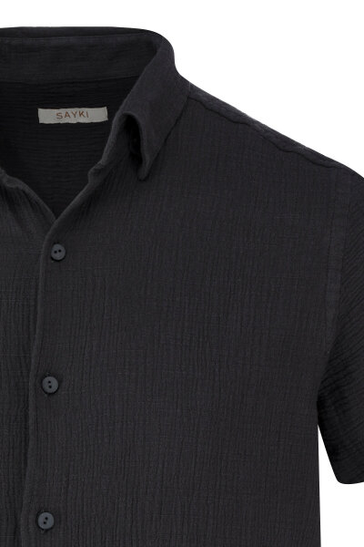 Antrasit Comfort Fit 100% Pamuk Gizli Düğmeli Yaka Kısa Kollu Gömlek - 2