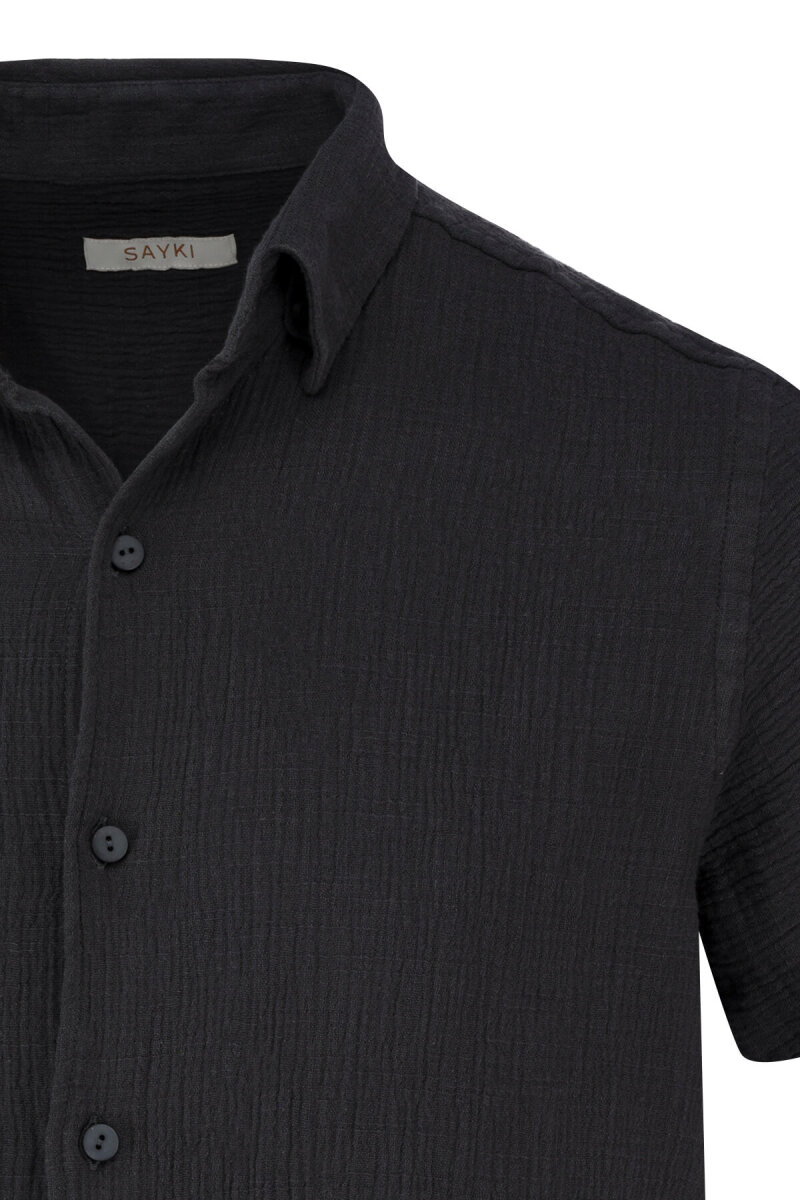 Antrasit Comfort Fit 100% Pamuk Gizli Düğmeli Yaka Kısa Kollu Gömlek - Saykı (1)