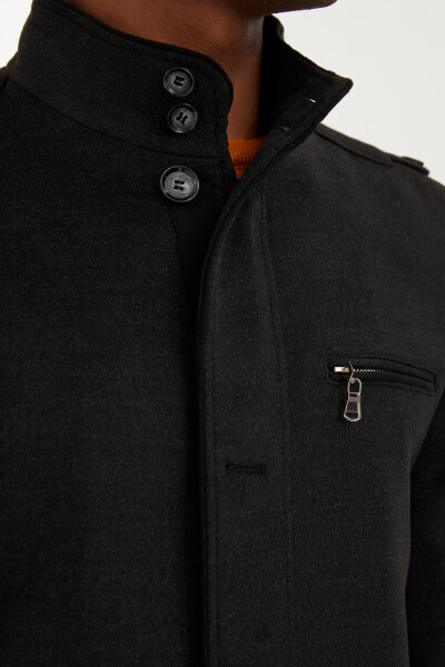 Antrasit Dik Yaka Cep Detaylı Palto - 8