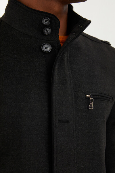 Antrasit Dik Yaka Cep Detaylı Palto - 4