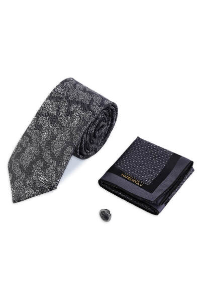 Antrasit Kravat Mendil ve Yaka Rozeti 3'lü Set - 3