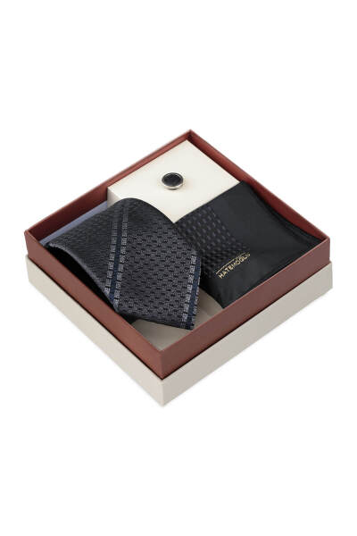 Antrasit Kravat Mendil ve Yaka Rozeti 3'lü Set - 2