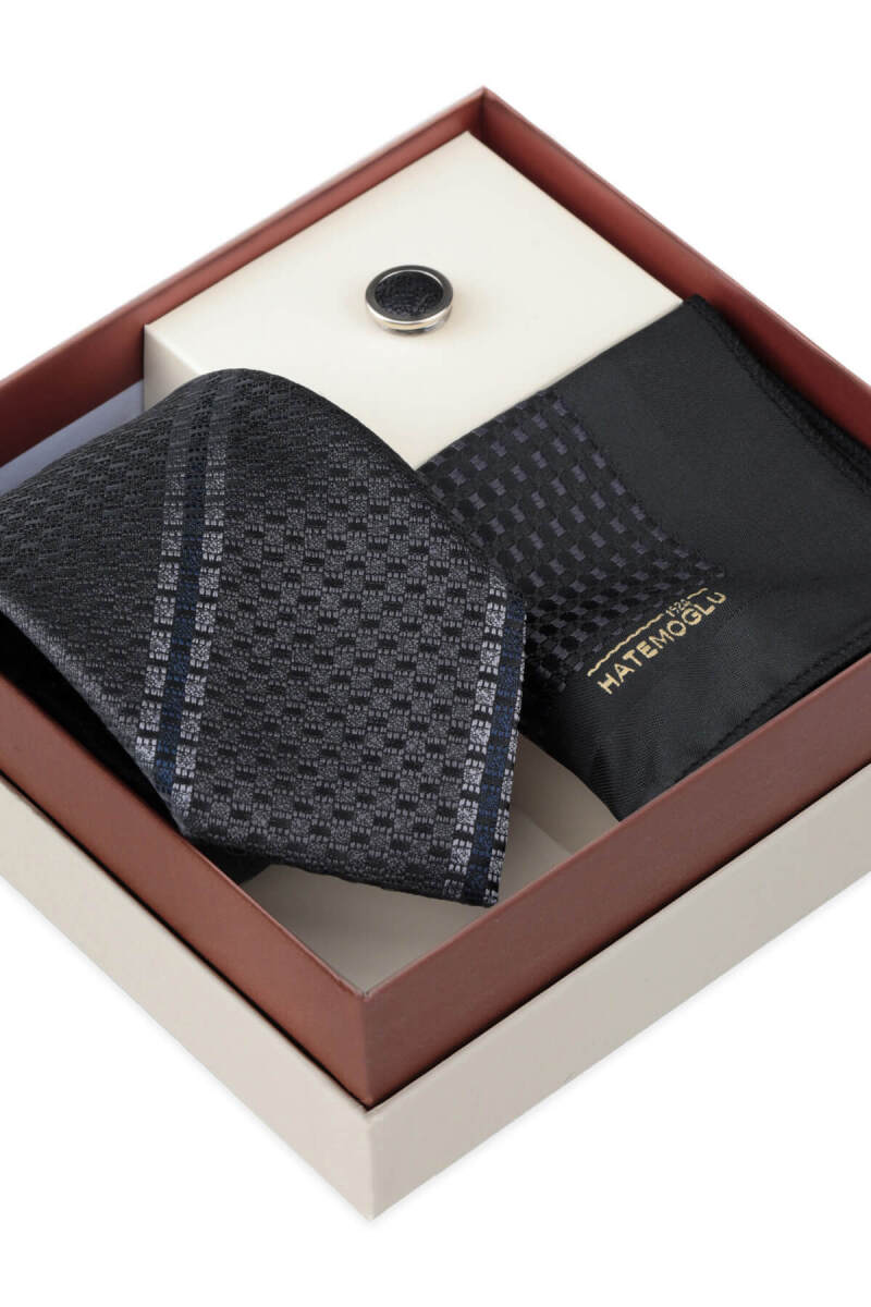 Antrasit Kravat Mendil ve Yaka Rozeti 3'lü Set - Hatemoğlu (1)