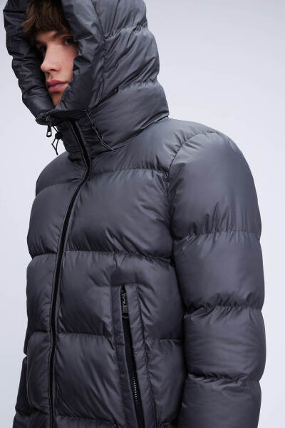 Antrasit Regular Fit Hakim Yaka Kapüşonlu Şişme Mont - 3