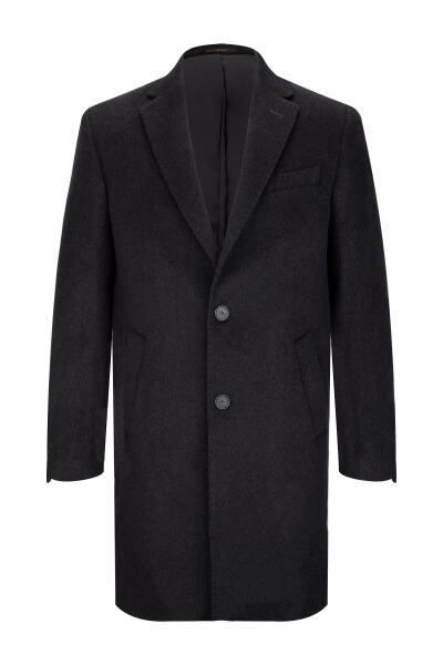 Antrasit Slim Fit Ceket Yaka Yünlü Kaşe Palto - 1