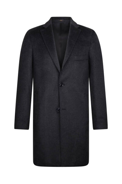 Antrasit Slim Fit Ceket Yaka Yünlü Kaşe Palto - 3