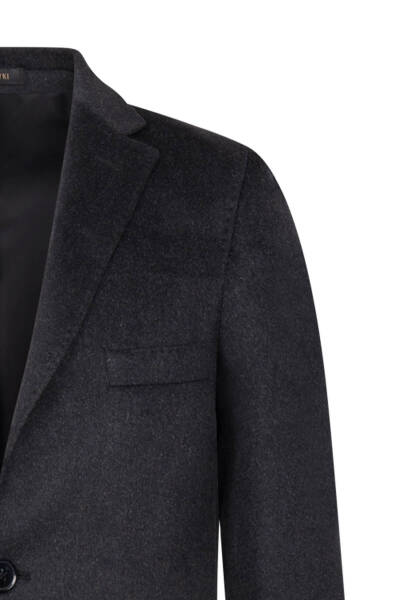 Antrasit Slim Fit Ceket Yaka Yünlü Kaşe Palto - 3