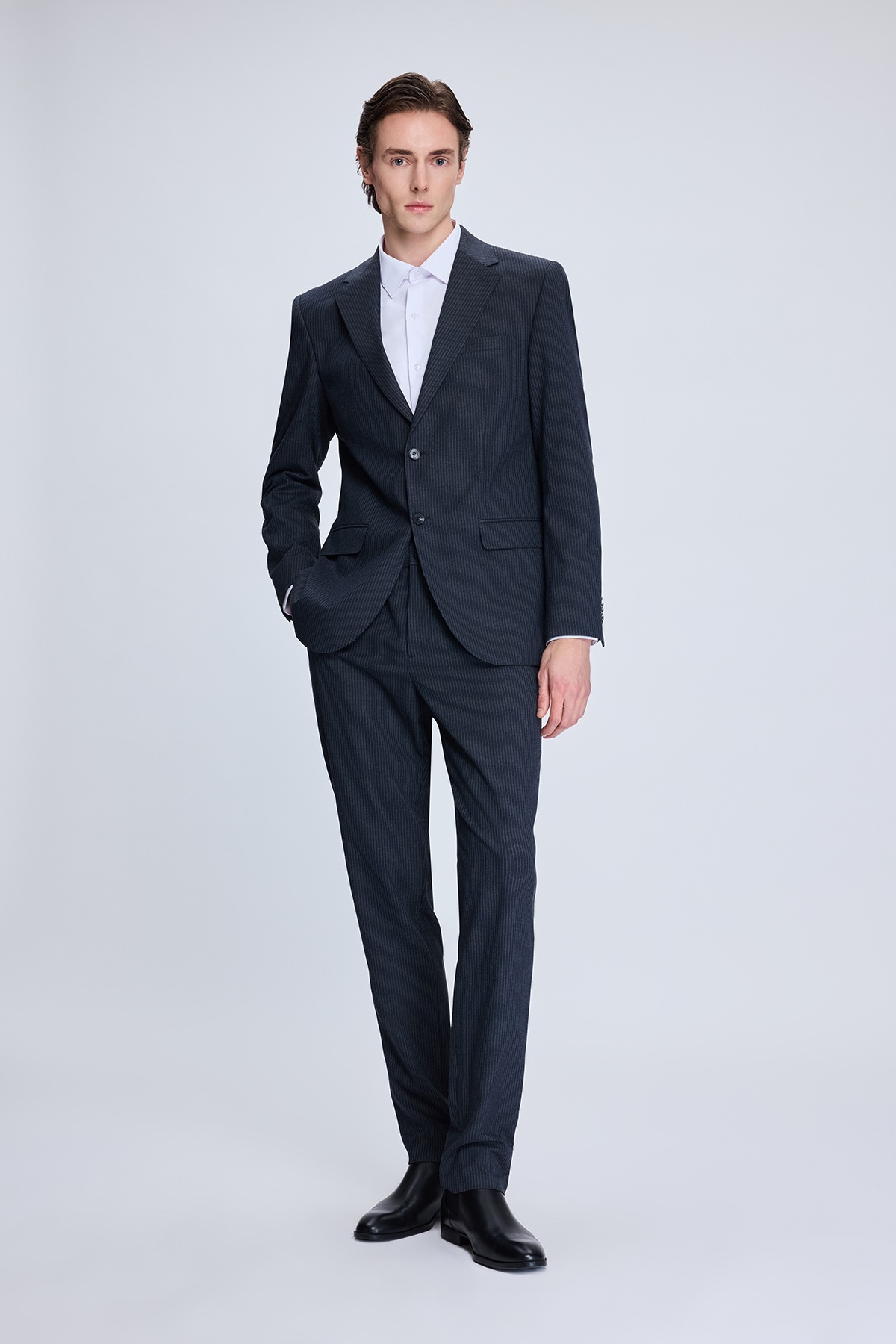 Antrasit Slim Fit Çizgili Mono Yaka Klasik Takım Elbise - 1
