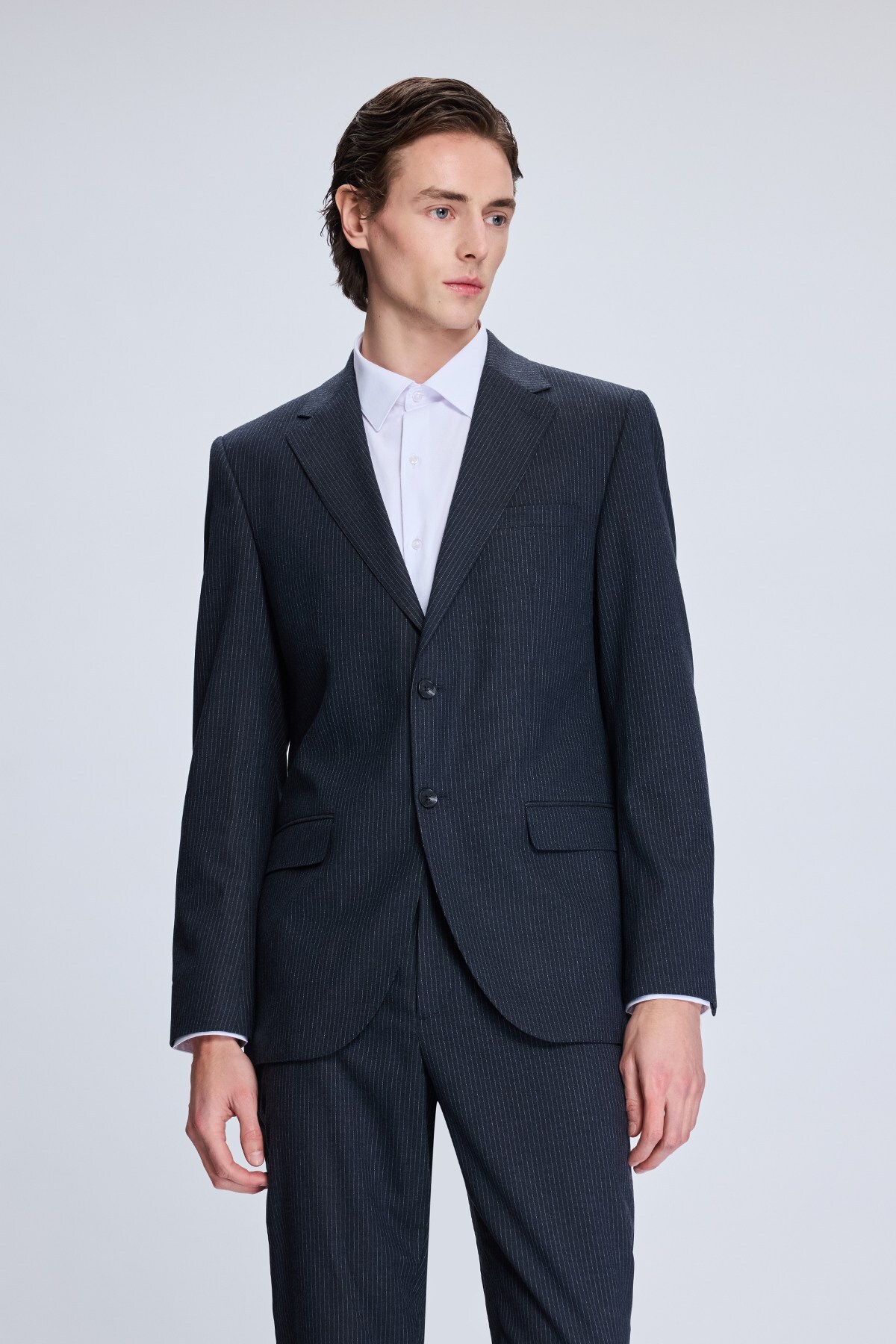 Antrasit Slim Fit Çizgili Mono Yaka Klasik Takım Elbise - 2