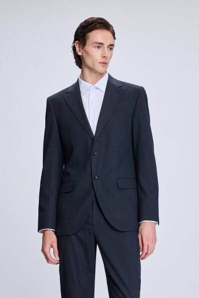 Antrasit Slim Fit Çizgili Mono Yaka Klasik Takım Elbise - 2