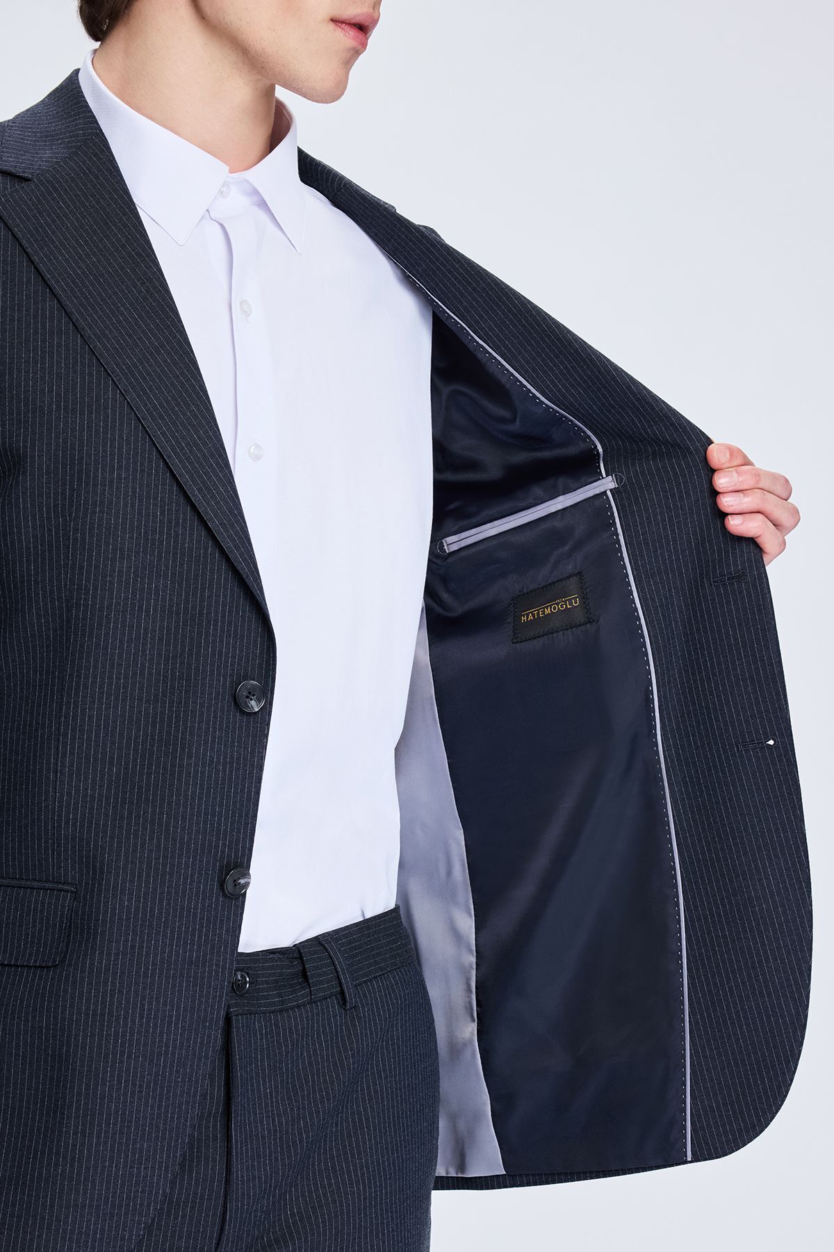 Antrasit Slim Fit Çizgili Mono Yaka Klasik Takım Elbise - 4