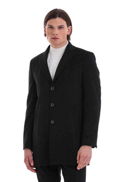 Hatem Saykı - Antrasit Slim Fit Desenli Ceket Yaka Yünlü Kaşe Palto