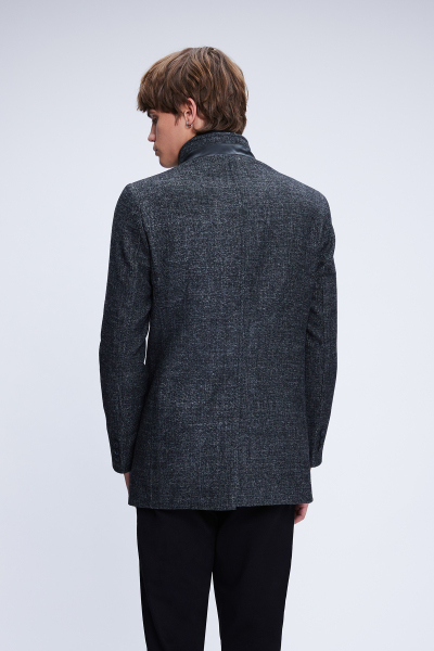 Antrasit Slim Fit Düz Hakim Yaka Yünlü Palto - 5