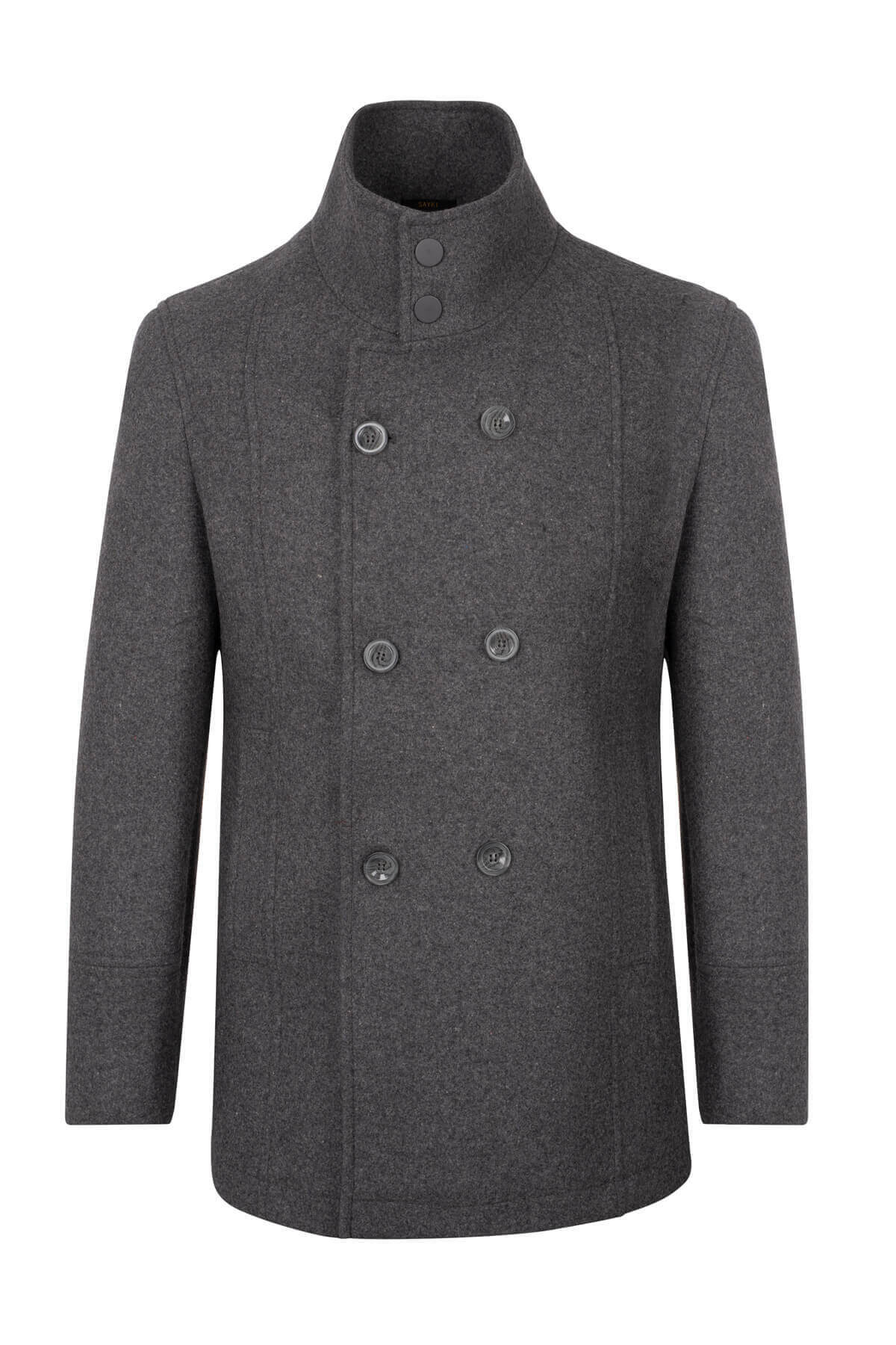 Antrasit Slim Fit Kruvaze Kaşe Kaban - 1