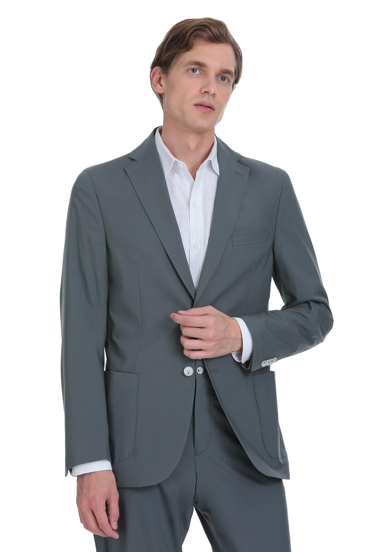Antrasit Slim Fit Mono Yaka Casual Takım Elbise - 3