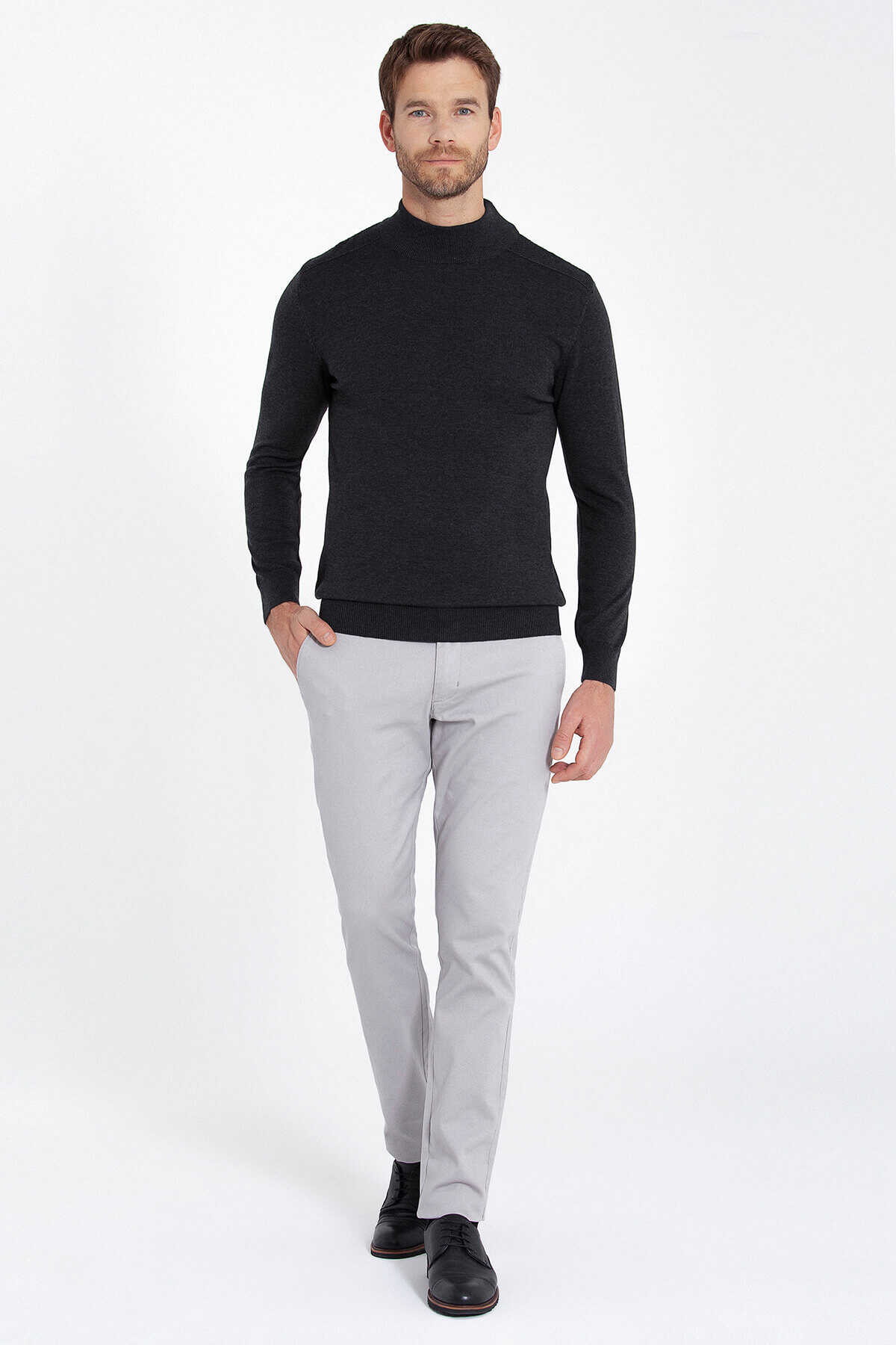 Antrasit Regular Fit Yarım Balıkçı Yaka Pamuklu Triko Kazak - 3