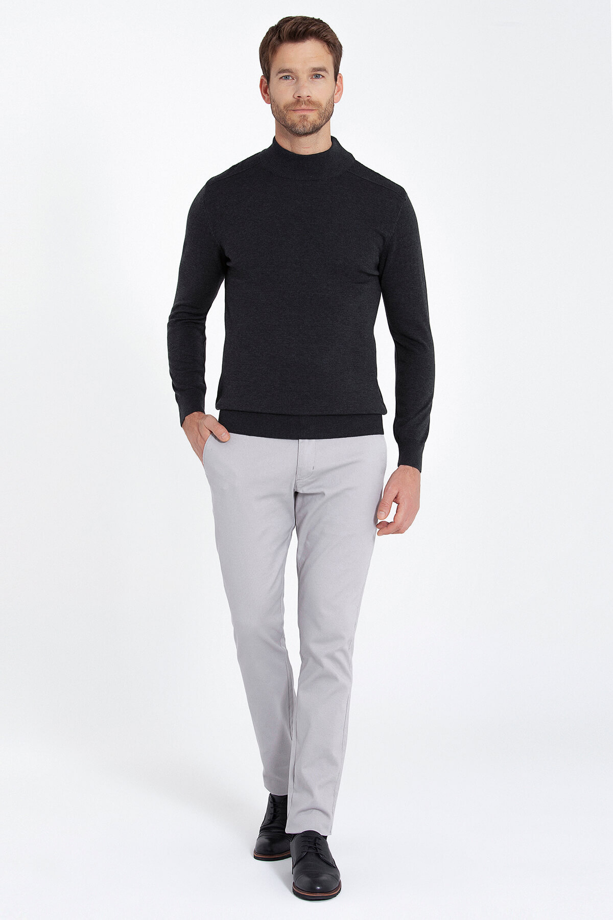 Antrasit Regular Fit Yarım Balıkçı Yaka Pamuklu Triko Kazak - 14