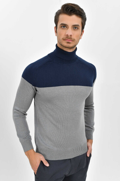 Lacivert Balıkçı Yaka Pamuklu Triko Kazak - 1