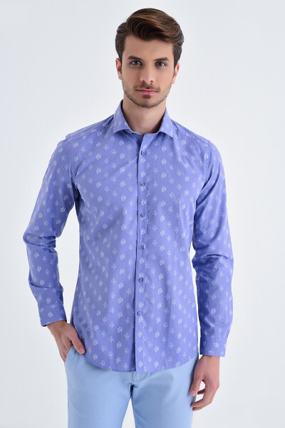 Beyaz Baskılı Slim Fit Mavi Gömlek - 3