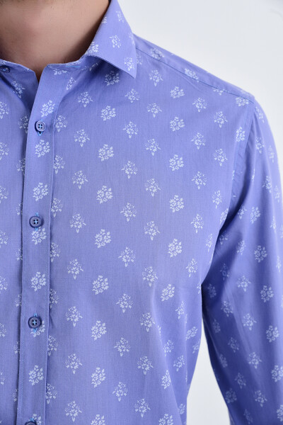 Beyaz Baskılı Slim Fit Mavi Gömlek - 4