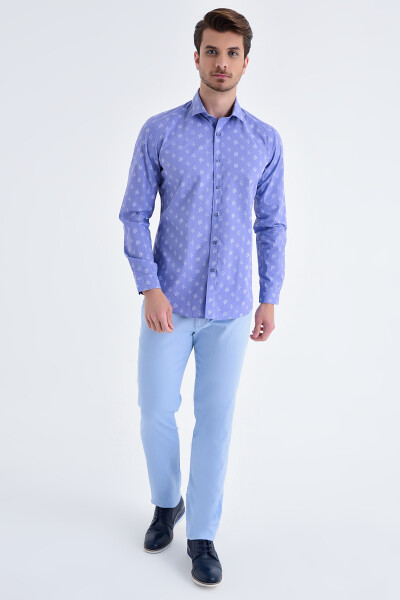 Beyaz Baskılı Slim Fit Mavi Gömlek - 2