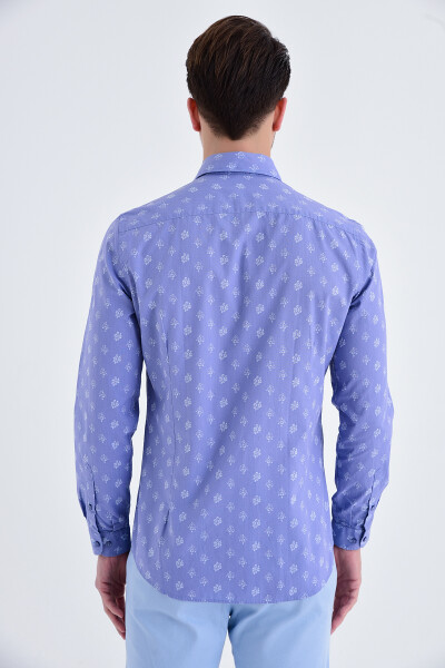 Beyaz Baskılı Slim Fit Mavi Gömlek - 5