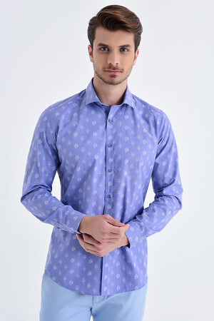 Beyaz Baskılı Slim Fit Mavi Gömlek - 6