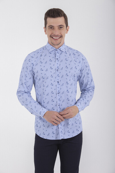 Baskılı Slim Fit Mavi Gömlek - 1