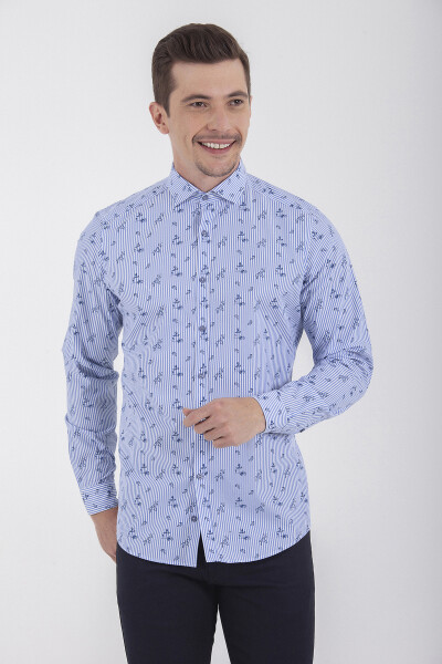 Baskılı Slim Fit Mavi Gömlek - 3