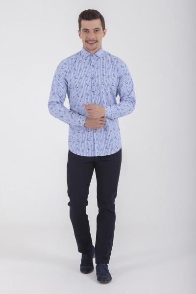 Baskılı Slim Fit Mavi Gömlek - 2