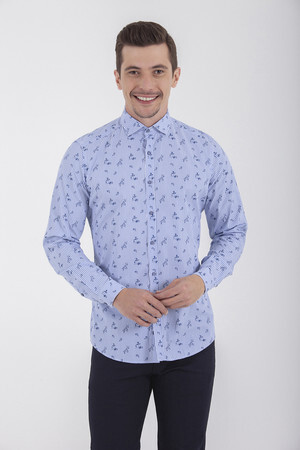 Baskılı Slim Fit Mavi Gömlek - 6