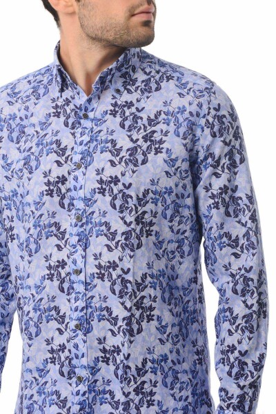 Mavi Desenli Slim Fit Keten Gömlek - 4