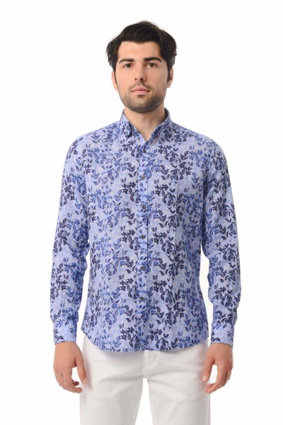Mavi Desenli Slim Fit Keten Gömlek - 1